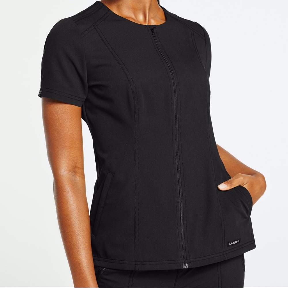 Jaanuu zip-pocket black moto scrub top